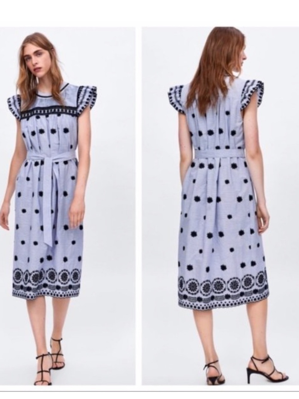 Zara Ladies Midi Dress Navy Floral Embroidery Ruffle Sleeves Sz USA S